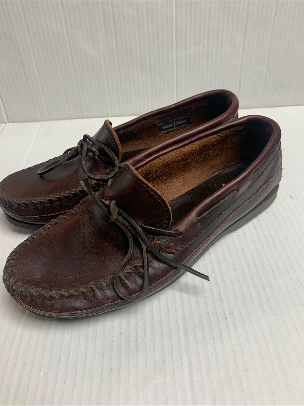 Minnetonka 768 Double Bottom Hard Sole Moccasins Brown Leather Size 10